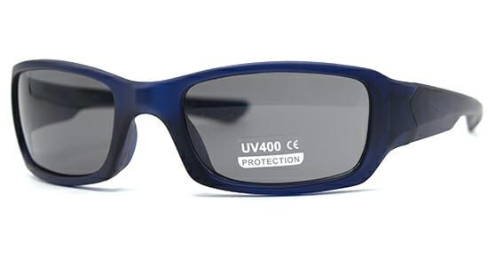 Un par de gafas de sol azules con protección UV400 sobre un fondo blanco.