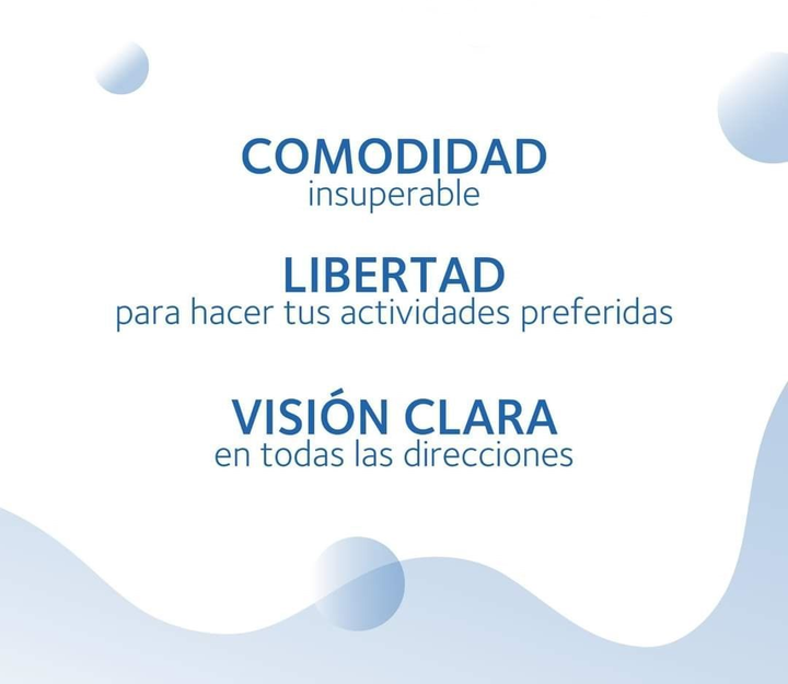 A blue and white poster with the words comodidad insuperable libertad para hacer tus actividades preferidas vision clara en todas las direcciones