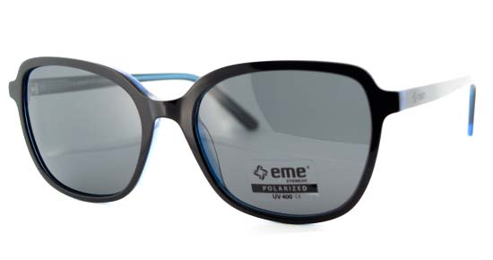 Un par de gafas de sol eme con marco negro y patillas azules.
