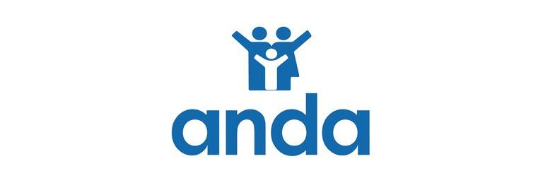 Un logo azul para Anda con dos personas tomadas de la mano.