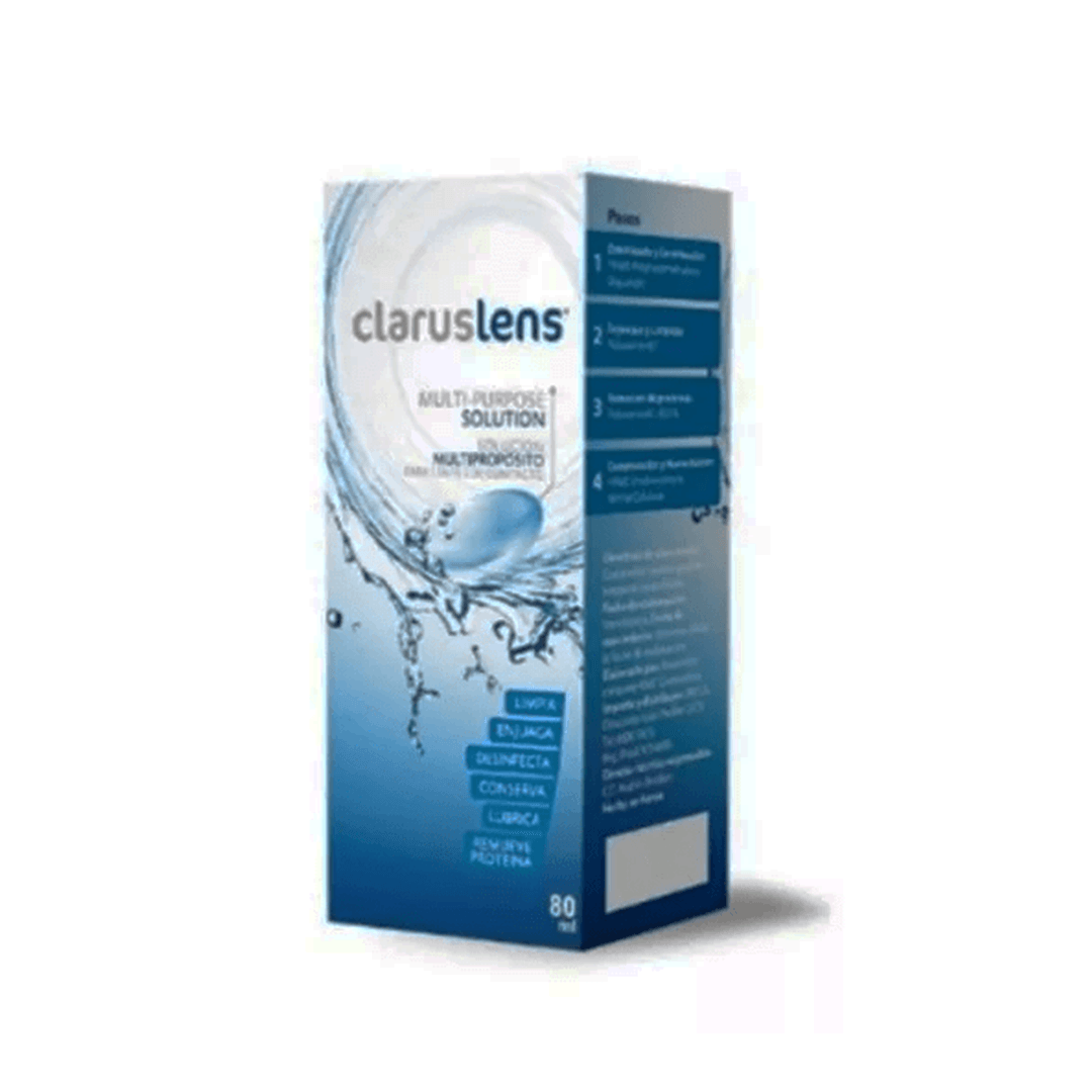 Se muestra una caja de claruslens sobre un fondo blanco.