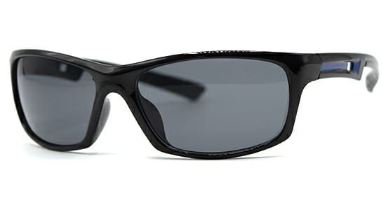 Un par de gafas de sol negras con lentes grises sobre un fondo blanco.