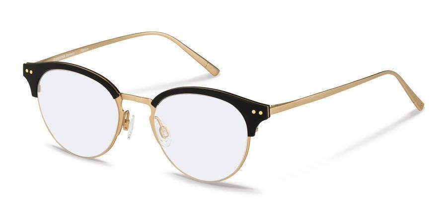 Un par de gafas con marco negro y dorado sobre fondo blanco.