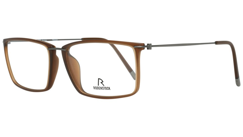Un par de gafas marrones con marco de metal sobre un fondo blanco.