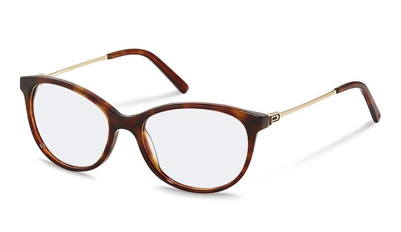 Un par de gafas marrones con marco dorado sobre un fondo blanco.