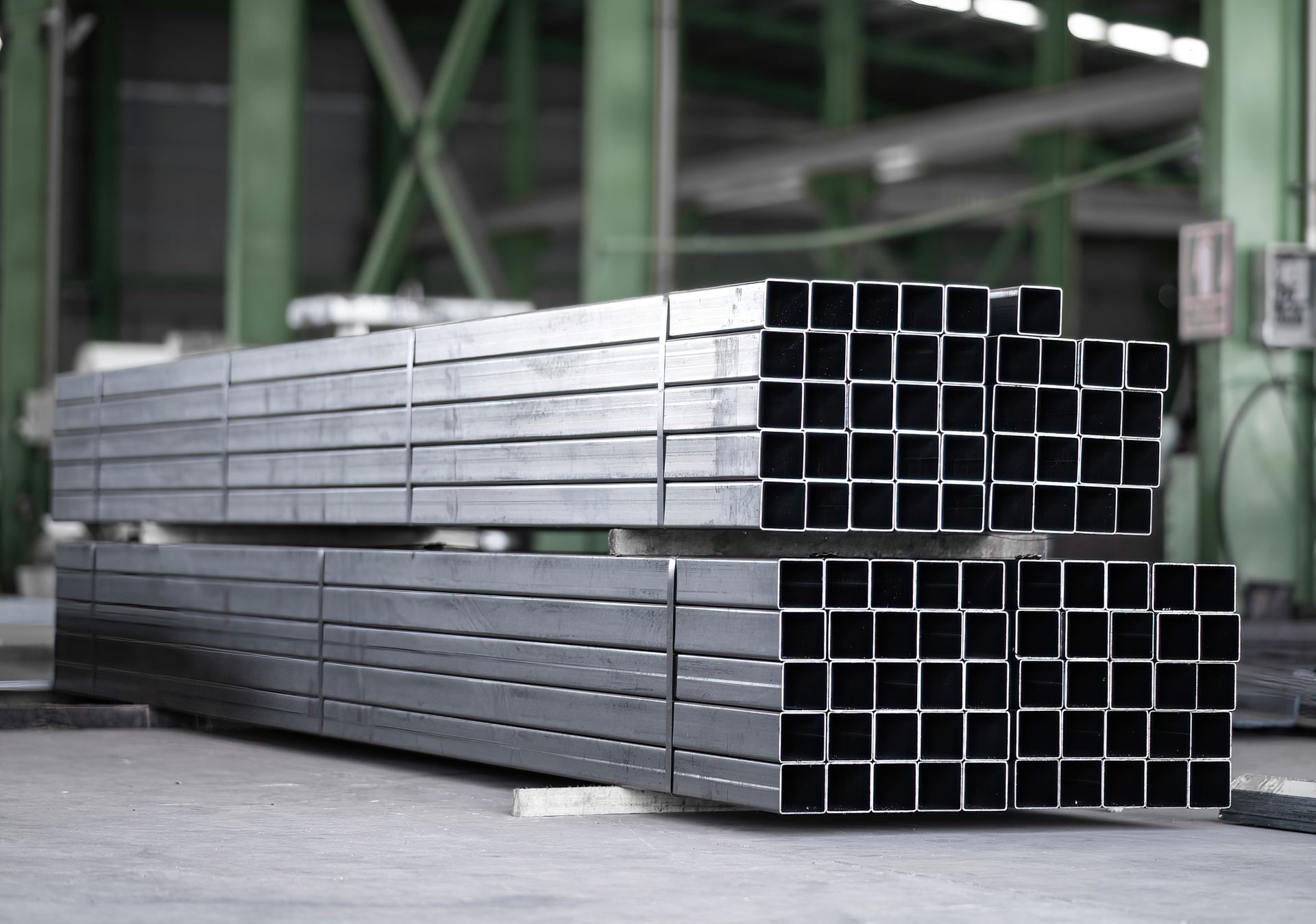 A stack of metal pipes sitting on top of each other in a factory.