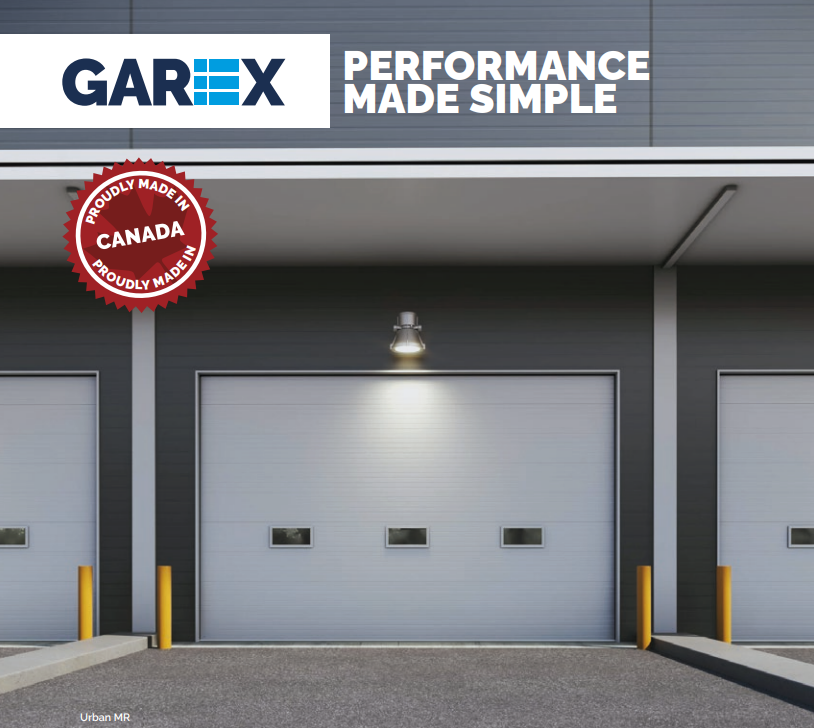 GAREX warehouse loading dock with a gray roll-up door, Canada badge, and “Performance Made Simple” sign