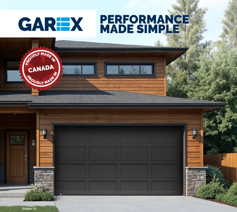Modern house with a black garage door and GAREX branding at top left, “Performance Made Simple” text.