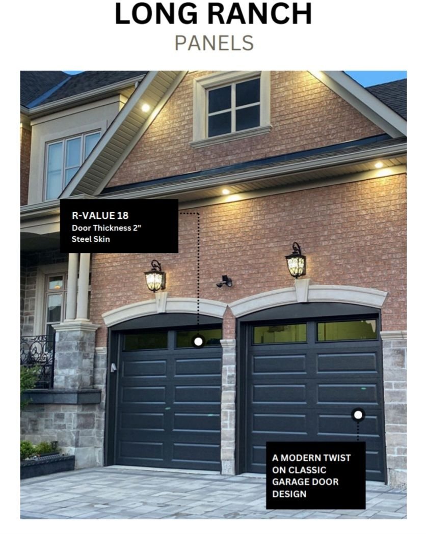 Two dark gray garage doors on a brick house with panels. Text: Long Ranch Panels, R-Value 10.