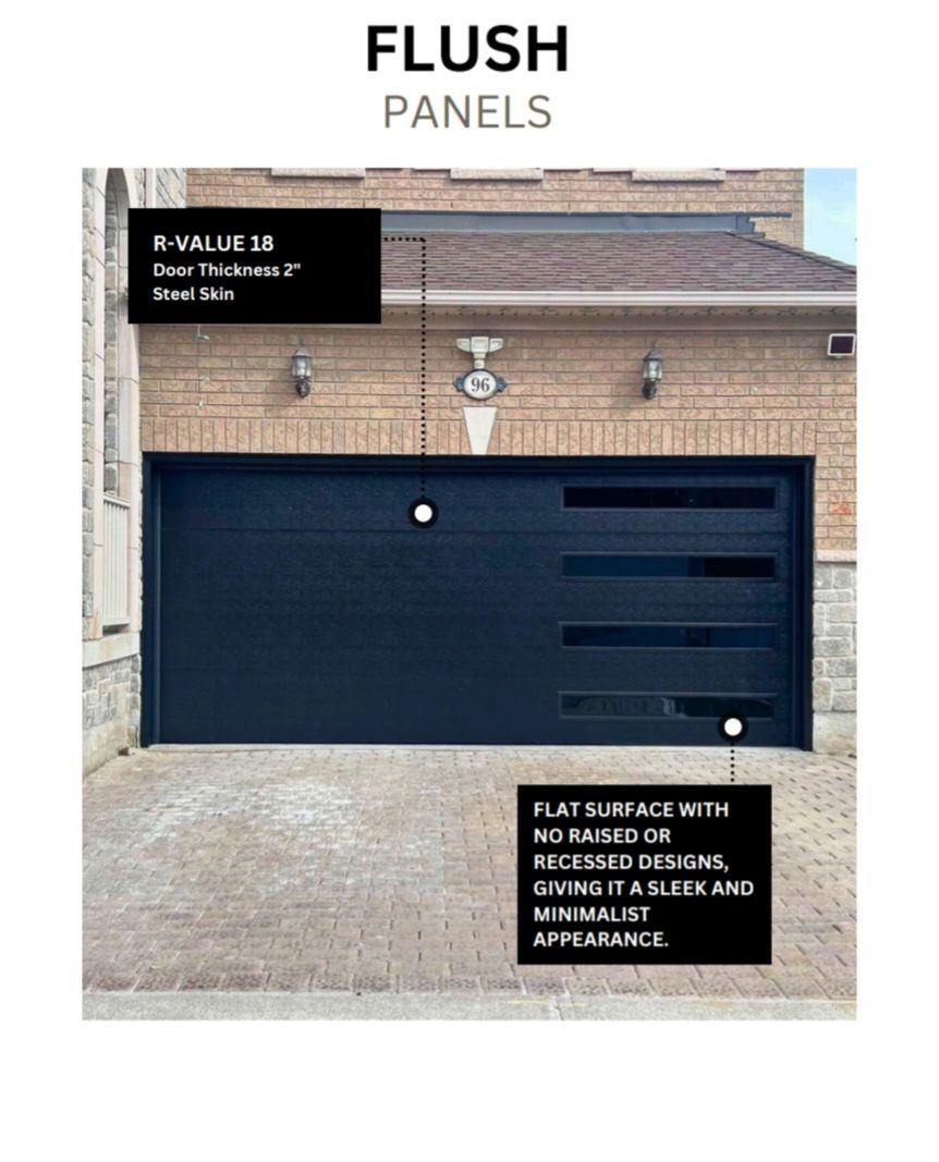 Dark blue flush panel garage door with three horizontal glass windows, in front of a brick house.