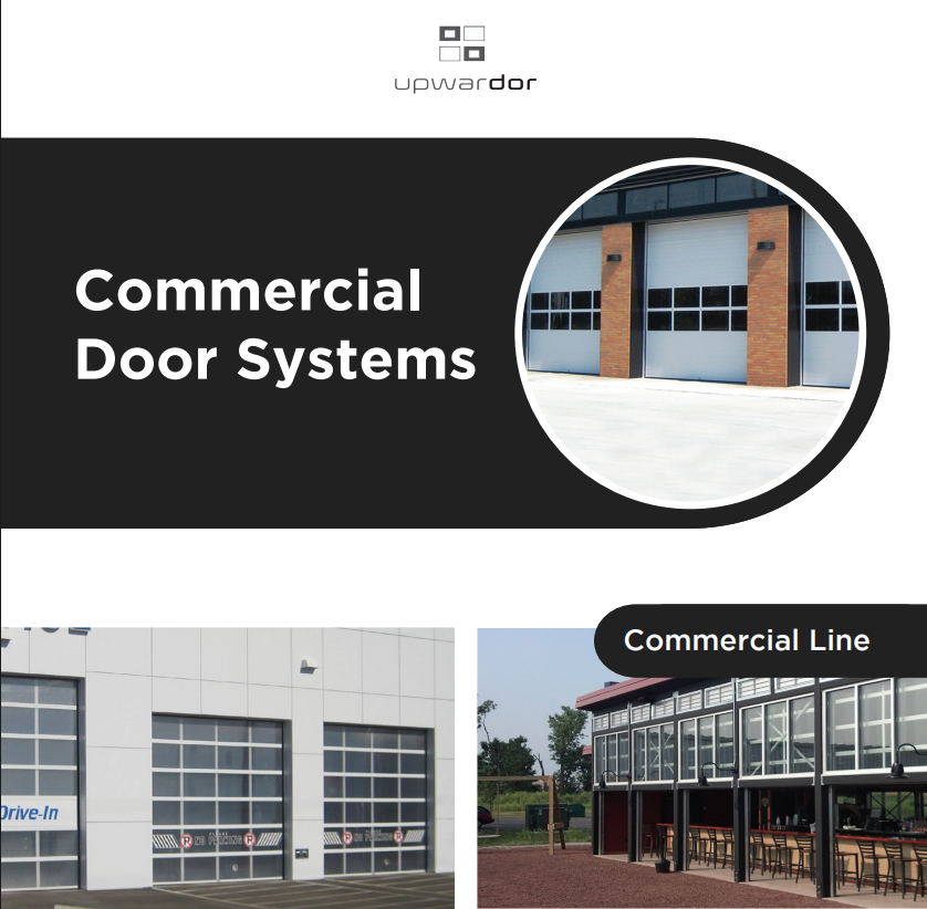Commercial door systems brochure with photos of industrial garage-style doors and storefront entrances