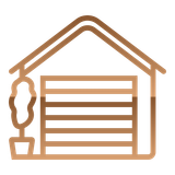 Brown outline of a garage with a horizontal roll-up door, roof, and potted tree on a black background.