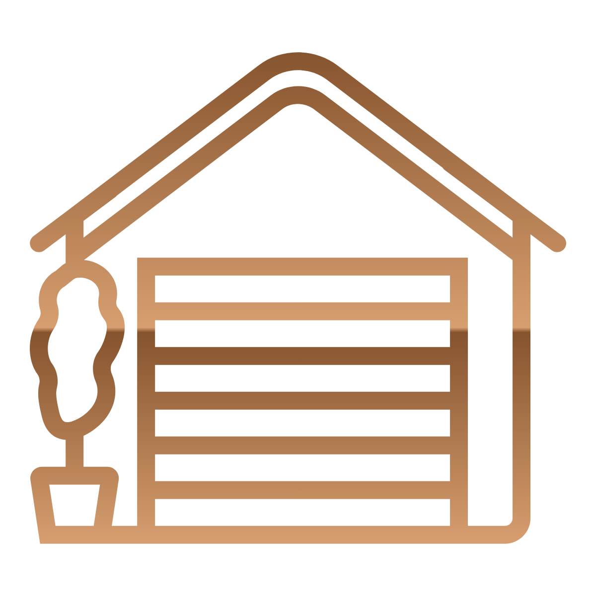 home Brown outline of a garage with a horizontal roll-up door, roof, and potted tree on a black background.