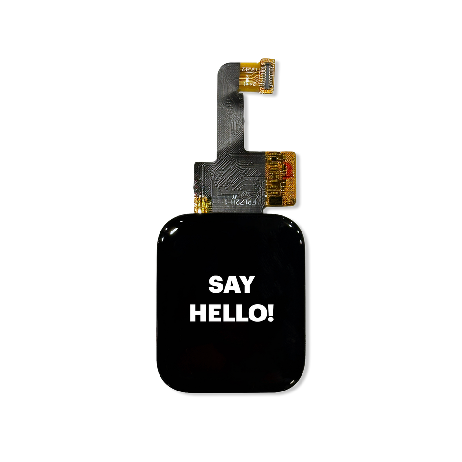 A smart watch with the words `` say hello '' on it.