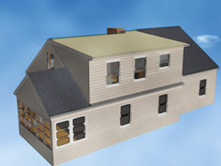 A 3D architectural rendering of a two-story house with beige siding and a gray roof set against a blue sky.