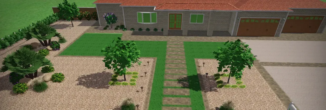 3D landscape design showing a planned outdoor space for a residential property