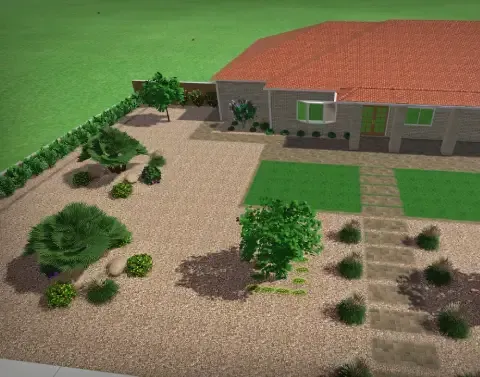 Landscape design rendering showing proposed outdoor features and plant placement