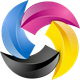 Un logo circolare tridimensionale composto da quattro segmenti curvi nei colori ciano, magenta, giallo e nero su sfondo bianco.