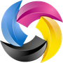 Un logo circolare tridimensionale composto da quattro segmenti curvi nei colori ciano, magenta, giallo e nero su sfondo bianco.