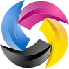 Un logo circolare tridimensionale composto da quattro segmenti curvi nei colori ciano, magenta, giallo e nero su sfondo bianco.