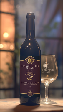 Dark blue wine bottle beside a clear wine glass on a softly lit table, with warm blurred background.