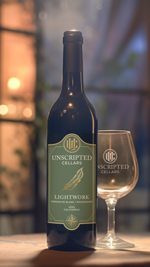 Dark green wine bottle beside a clear stemmed glass on a softly lit table, with blurred warm background.