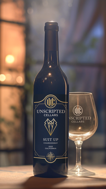 Dark blue wine bottle and clear glass with gold logo on a warm, blurred tabletop background
