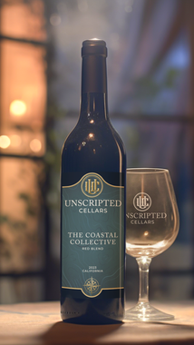 Blue wine bottle and empty glass on a softly lit table with a warm blurred background