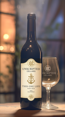 Dark wine bottle and empty stemmed glass on a table, with a warm blurred background.