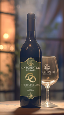 Dark wine bottle labeled “Unscripted Cellars” beside a matching branded wine glass on a table.