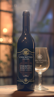Dark blue wine bottle beside a clear stemmed glass on a softly lit table