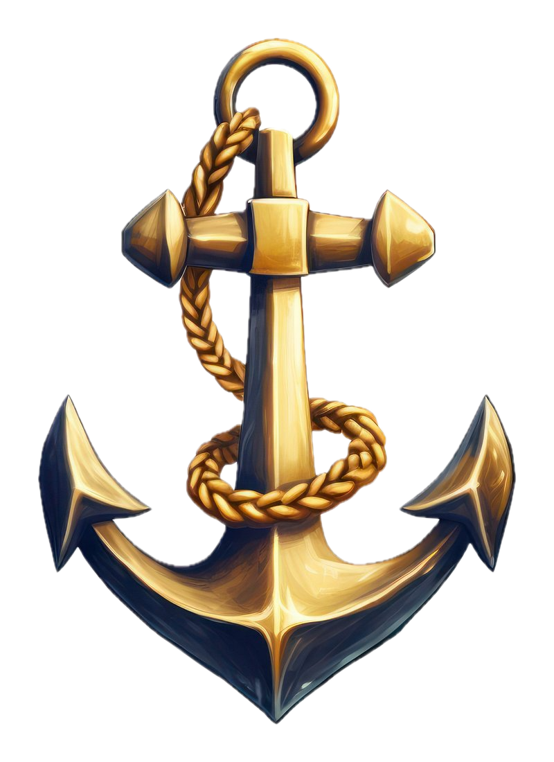 Gold anchor with rope and ring, shown as a nautical emblem on a white background