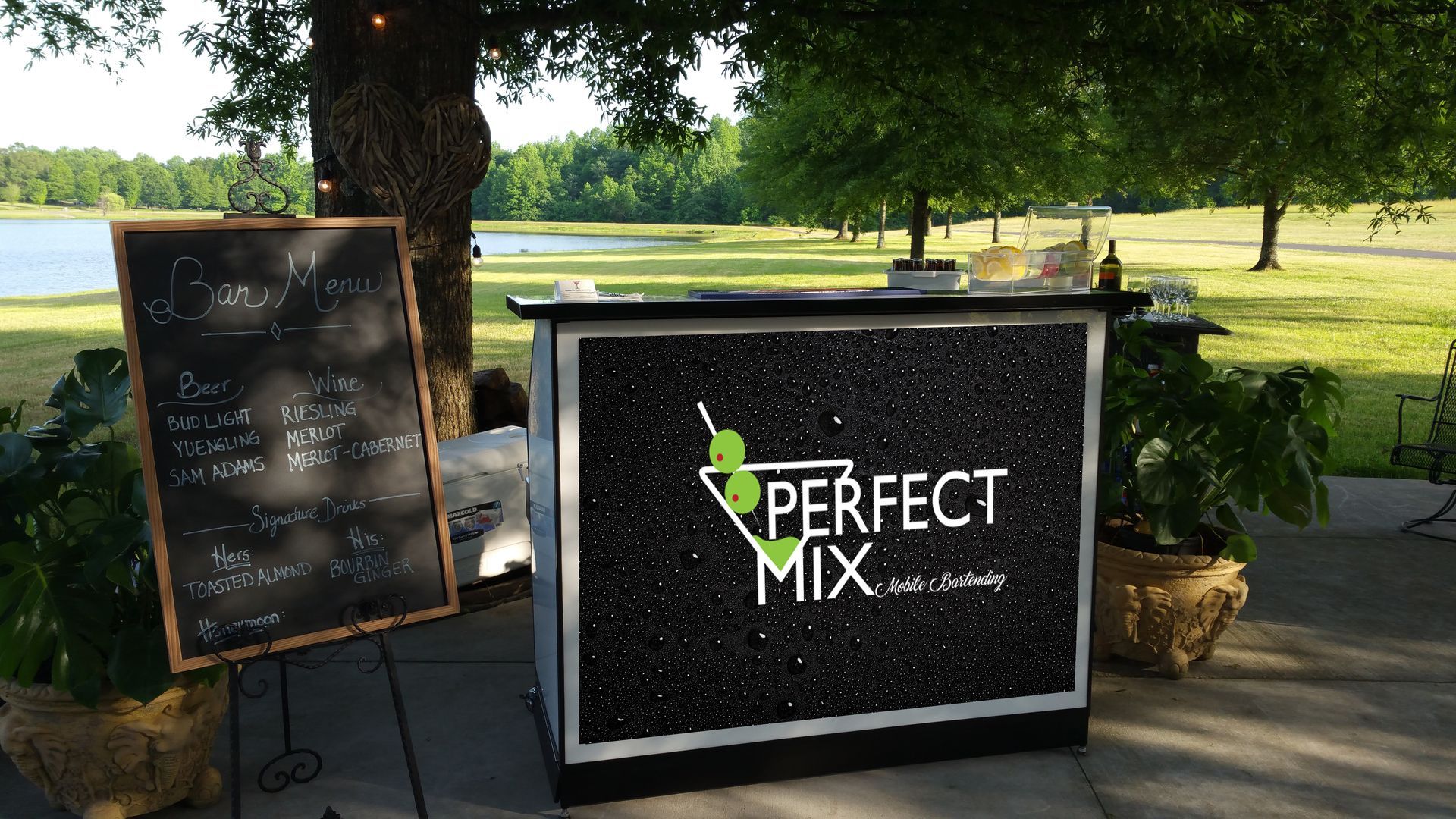 A perfect mix bar is sitting on a wooden deck