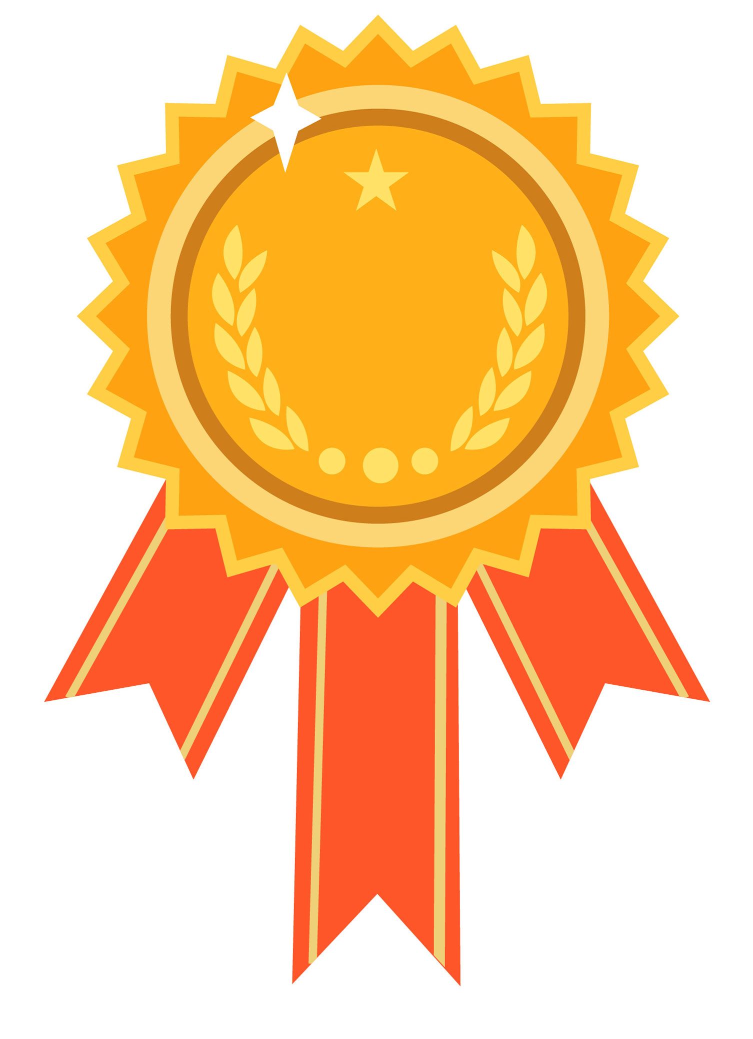 A gold medal with red ribbons and a star in the center.