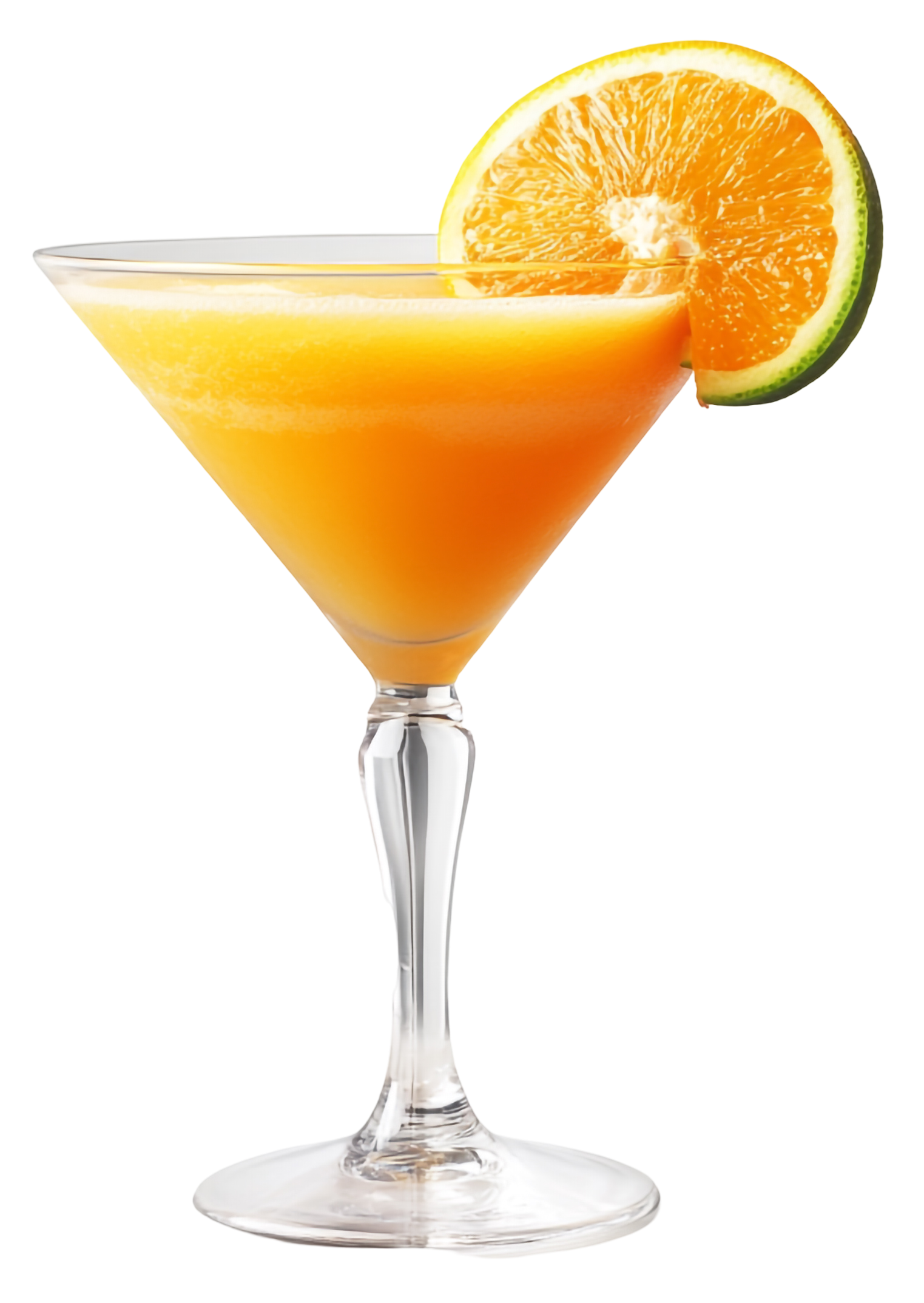 A martini glass filled with orange juice and a slice of orange