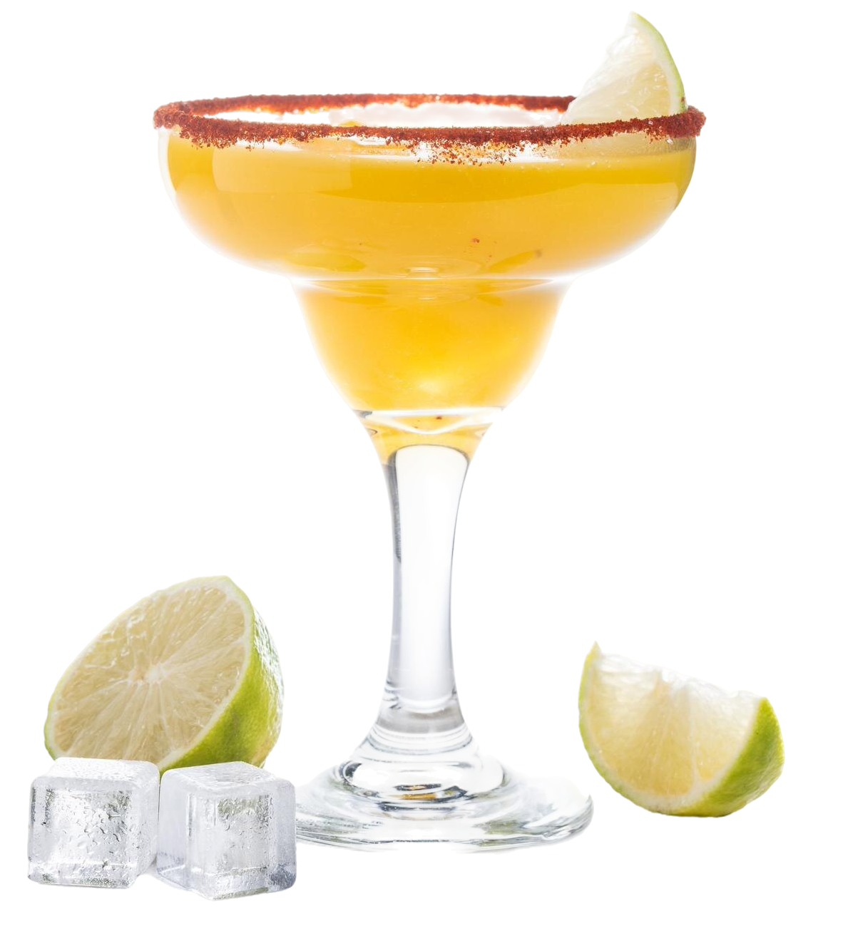 A margarita in a martini glass next to limes and ice cubes