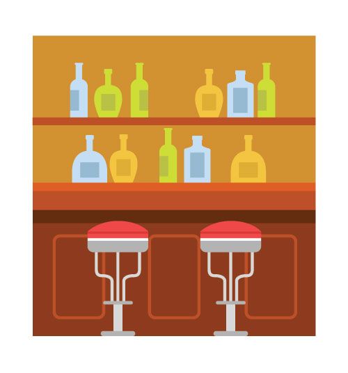 A bar with stools and bottles on the shelves.