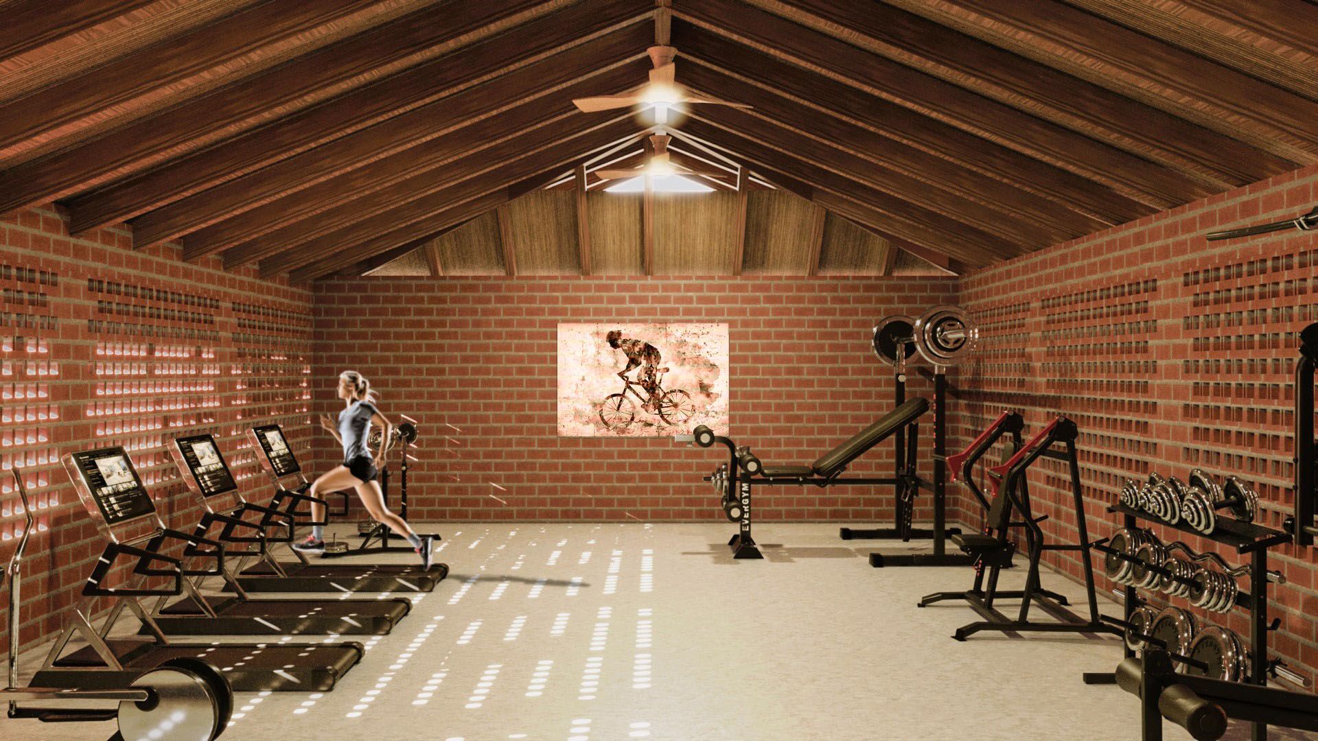Vista del gym interno especial, con máquinas de andar, trotar y hacer pesas. Oasis Yautepec IV (representación 3d)