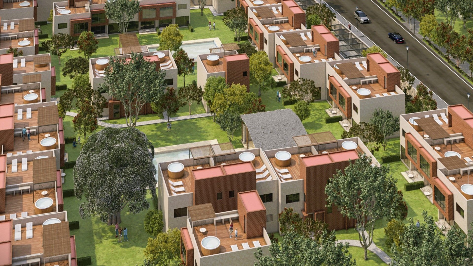 Vista aérea de la zona residencial de Oasis Yautepec IV con algunas de las 32 casas, rodeado de la zona ajardinada y con árboles (representación 3d)