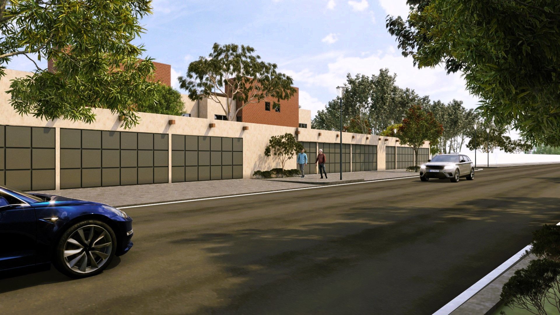 Vista externa con los portones del garaje de las casa de Oasis Yautepec IV (representación 3d)