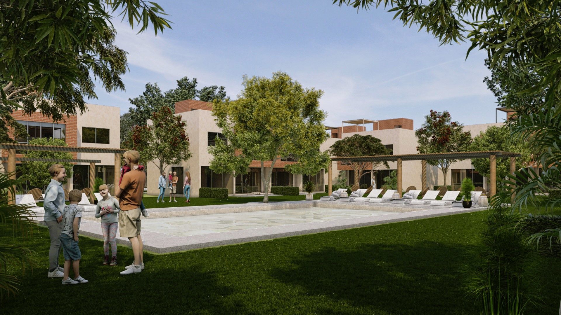 Vista de la piscina con residentes alrededor de las camas y sillas de jardón, rodeado de verde. Detrás se ven algunas de las 32 casas del desarrollo de Oasis Yautepec IV (representación 3d)