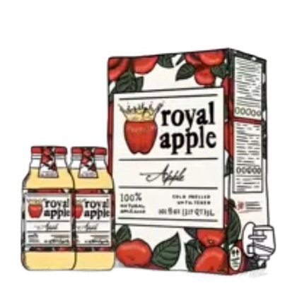 Karton soku Royal Apple z czerwonym jabłkiem, gruszką i łodygą kwiatową na beżowym tle