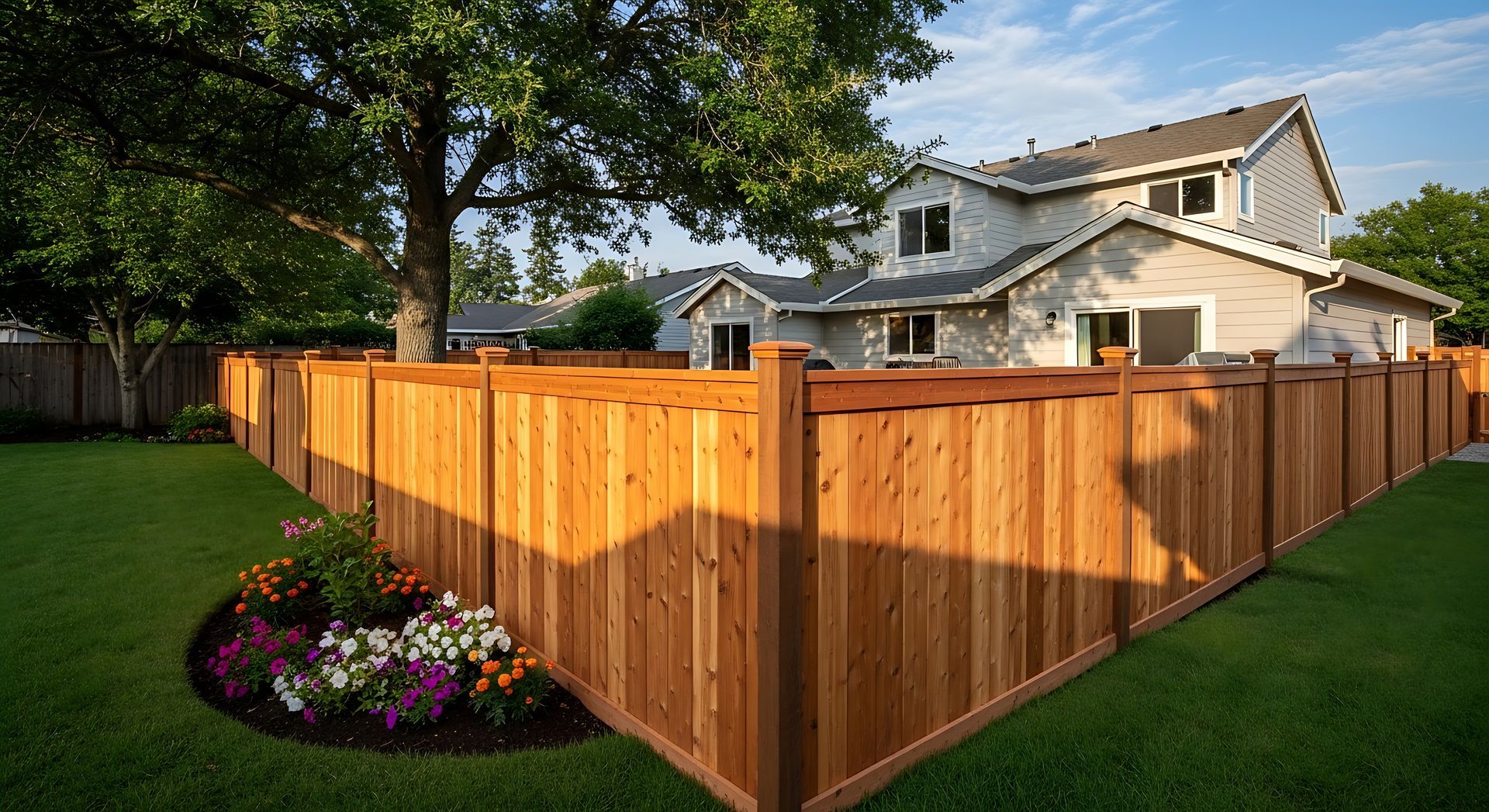 Beautiful Wooden Fence Surrounding a Suburban Backyard. Beautiful Wooden Fence Surrounding a Suburban Backyard.