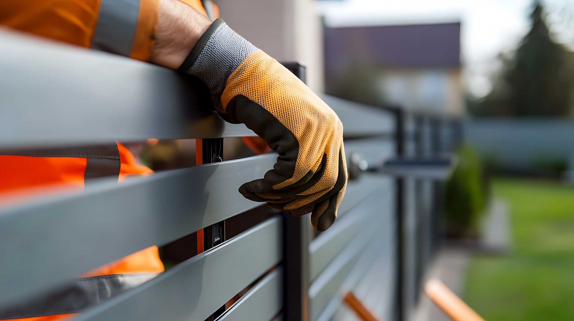 A worker with gloves on a grey horizontal slat fence installed by a residential fence company.