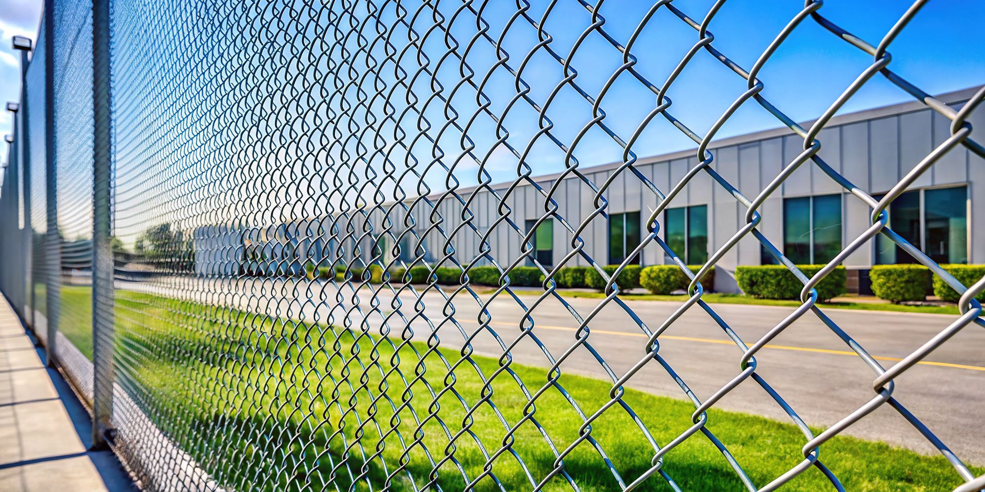 Commercial fence company installs chain link fence around industrial building and roadway. Commercial fence company installs chain link fence around industrial building and roadway.