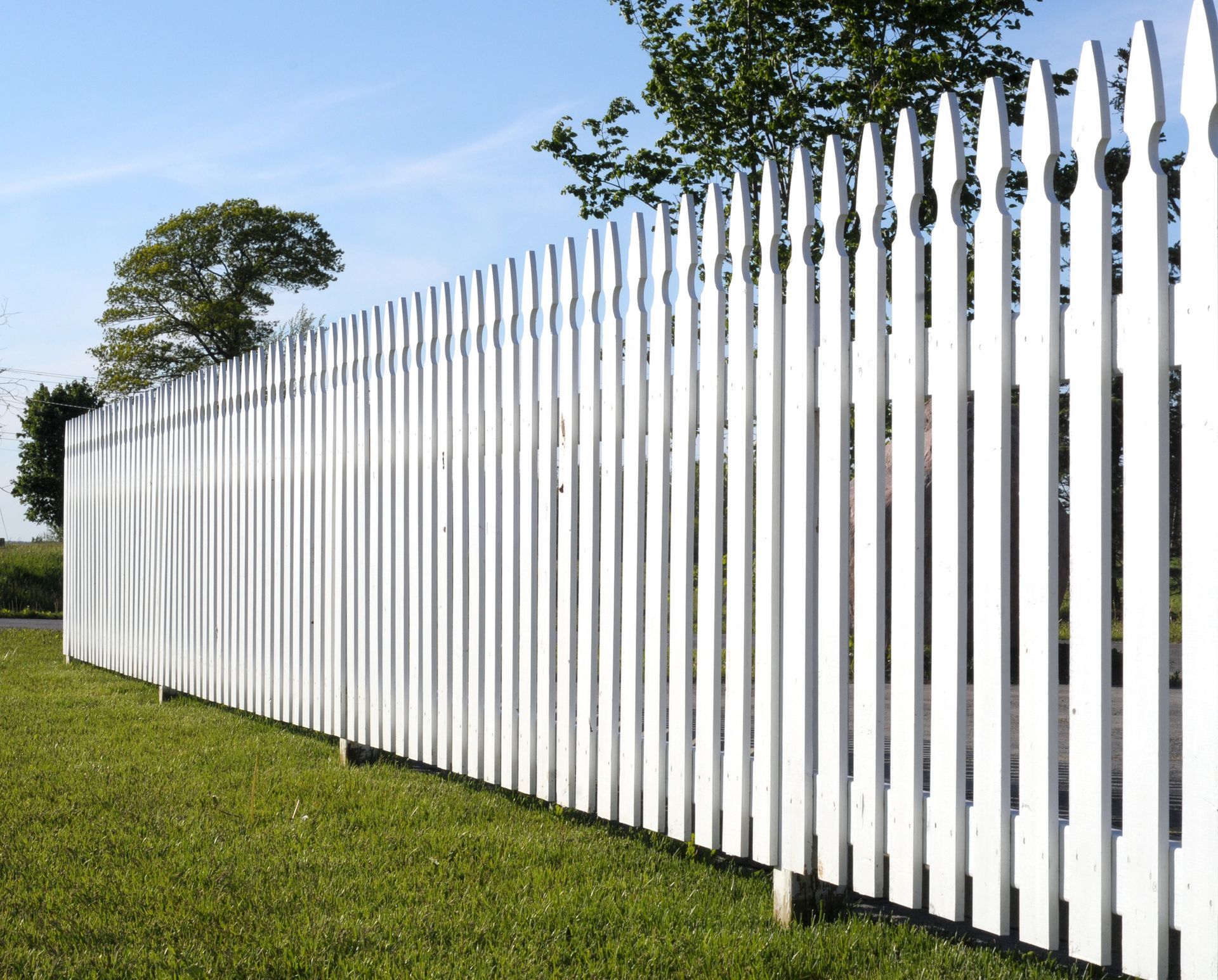 A white picket fence stands along a grassy lawn under a clear blue sky.