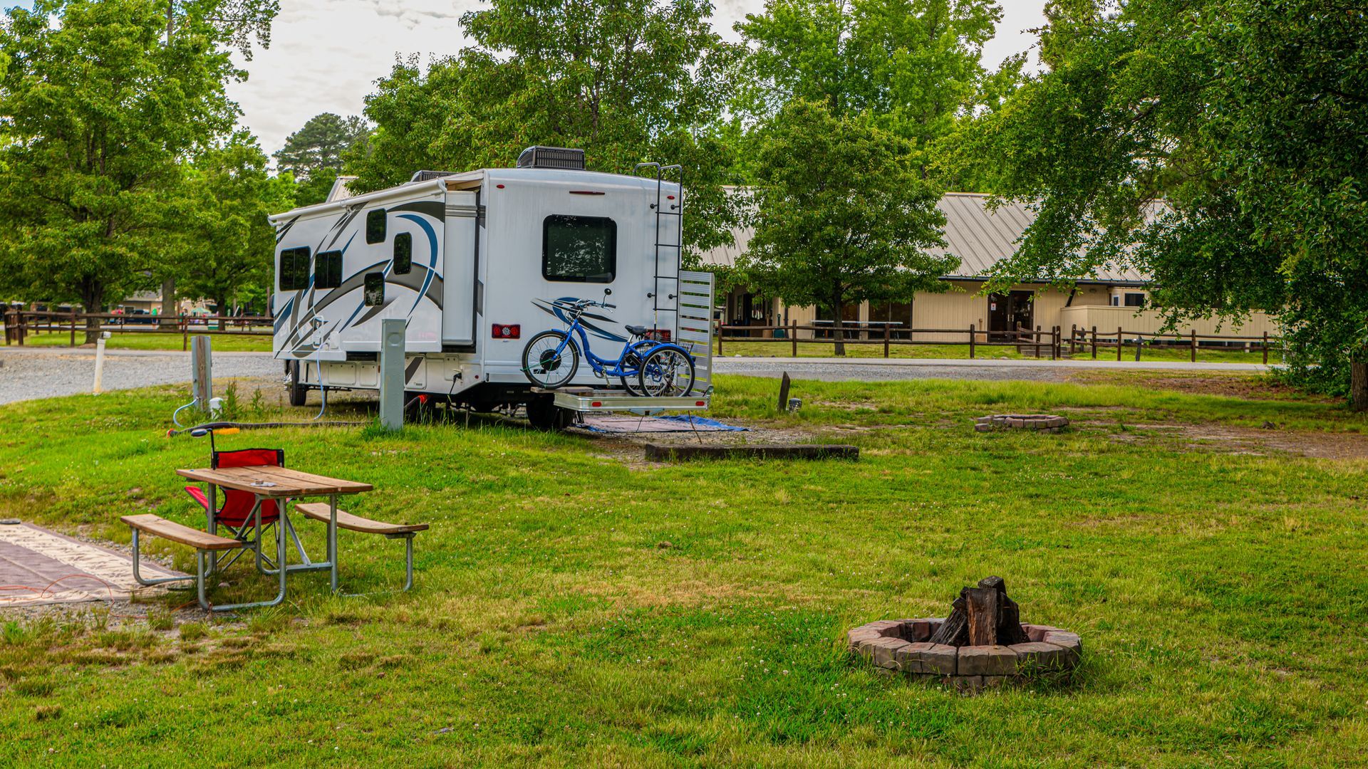 A white recreational vehicle parked on a grassy campground with a picnic table and a small fire pit in the foreground.