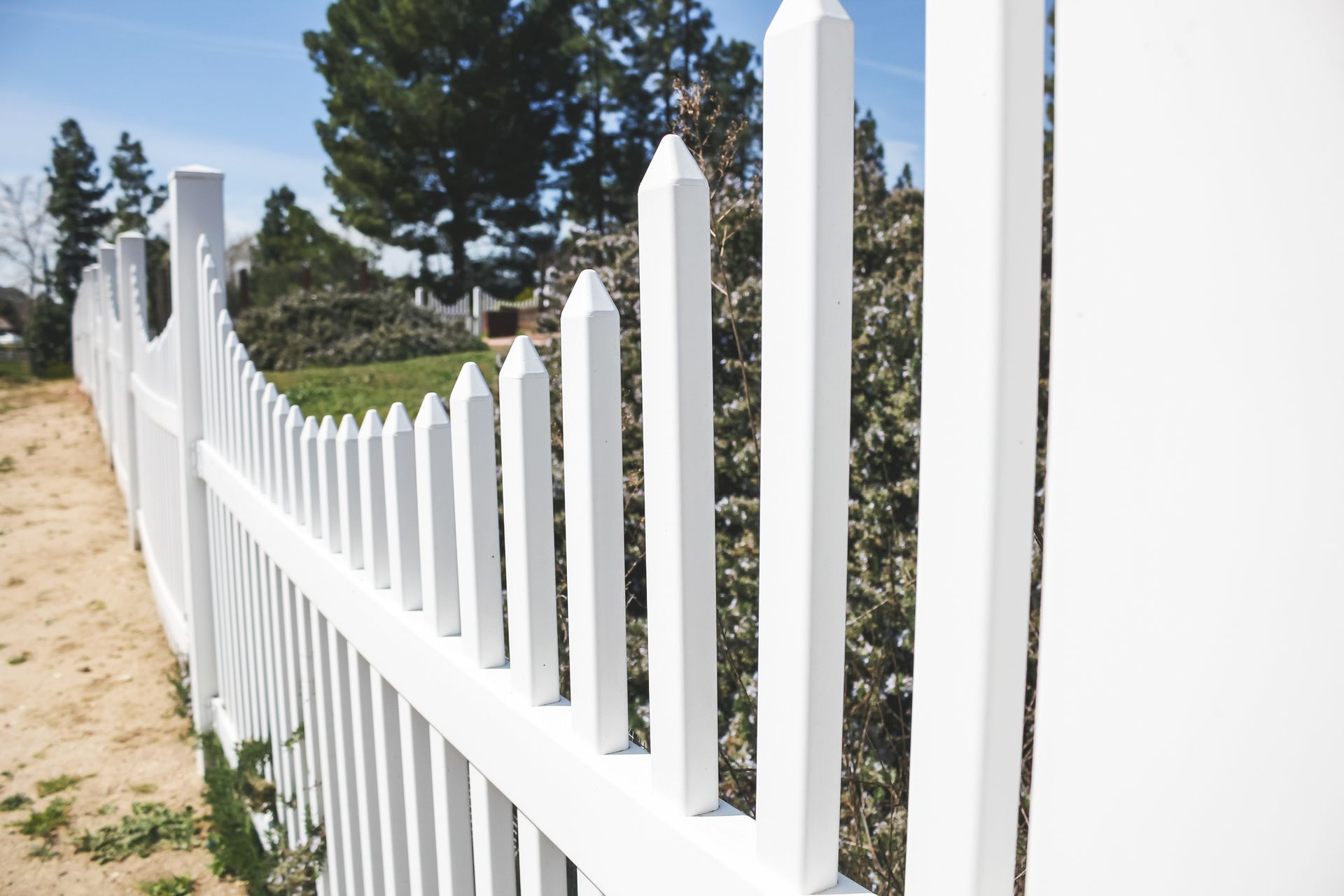 A white picket fence with pointed tops runs along a dirt path against a backdrop of trees and a blue sky.