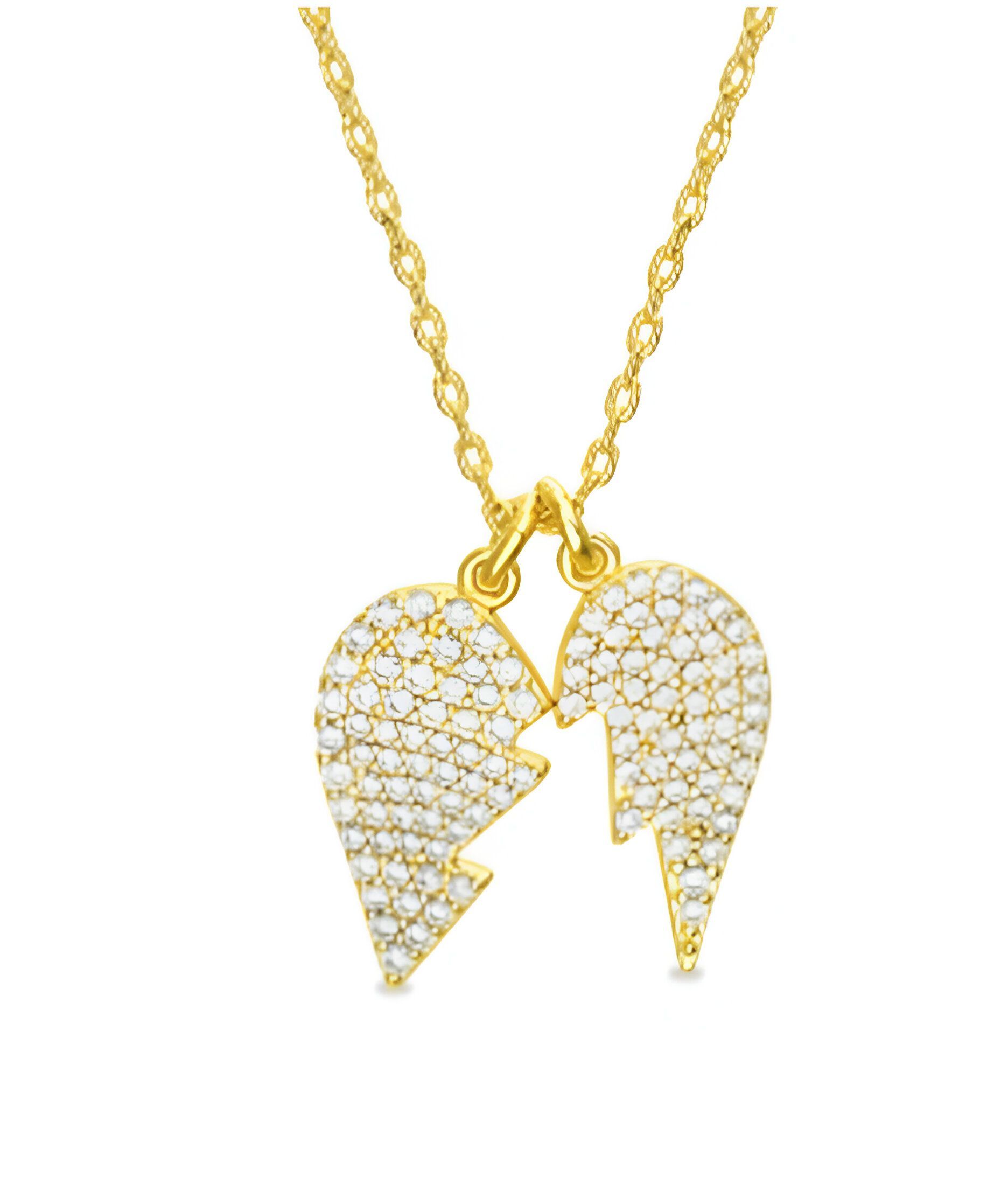 Collar de oro con dos mitades de un colgante de corazón, cada una incrustada con piedras brillantes.