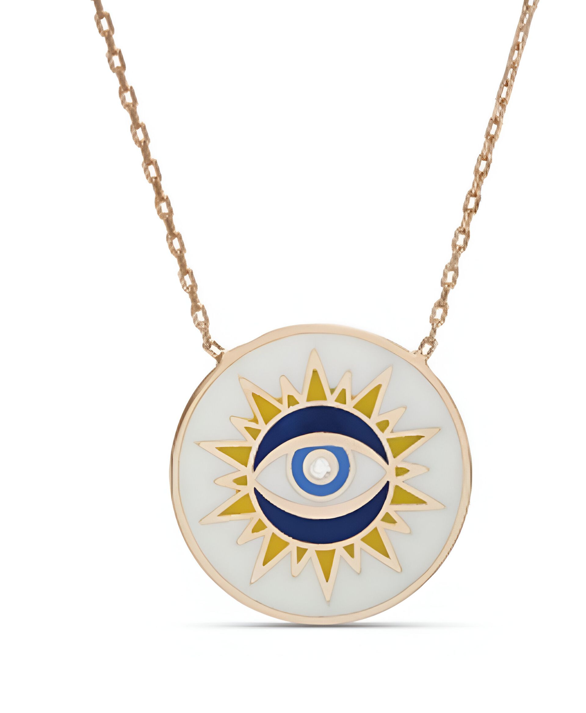 Collar de oro rosa con medallón blanco que presenta un diseño de ojo azul rodeado de rayos amarillos.